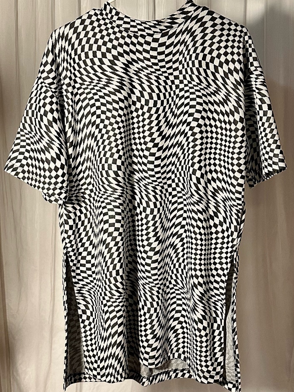 Women’s Dressed In LaLa Black+White Optical Illusion Checkerboard T-Shirt Dress